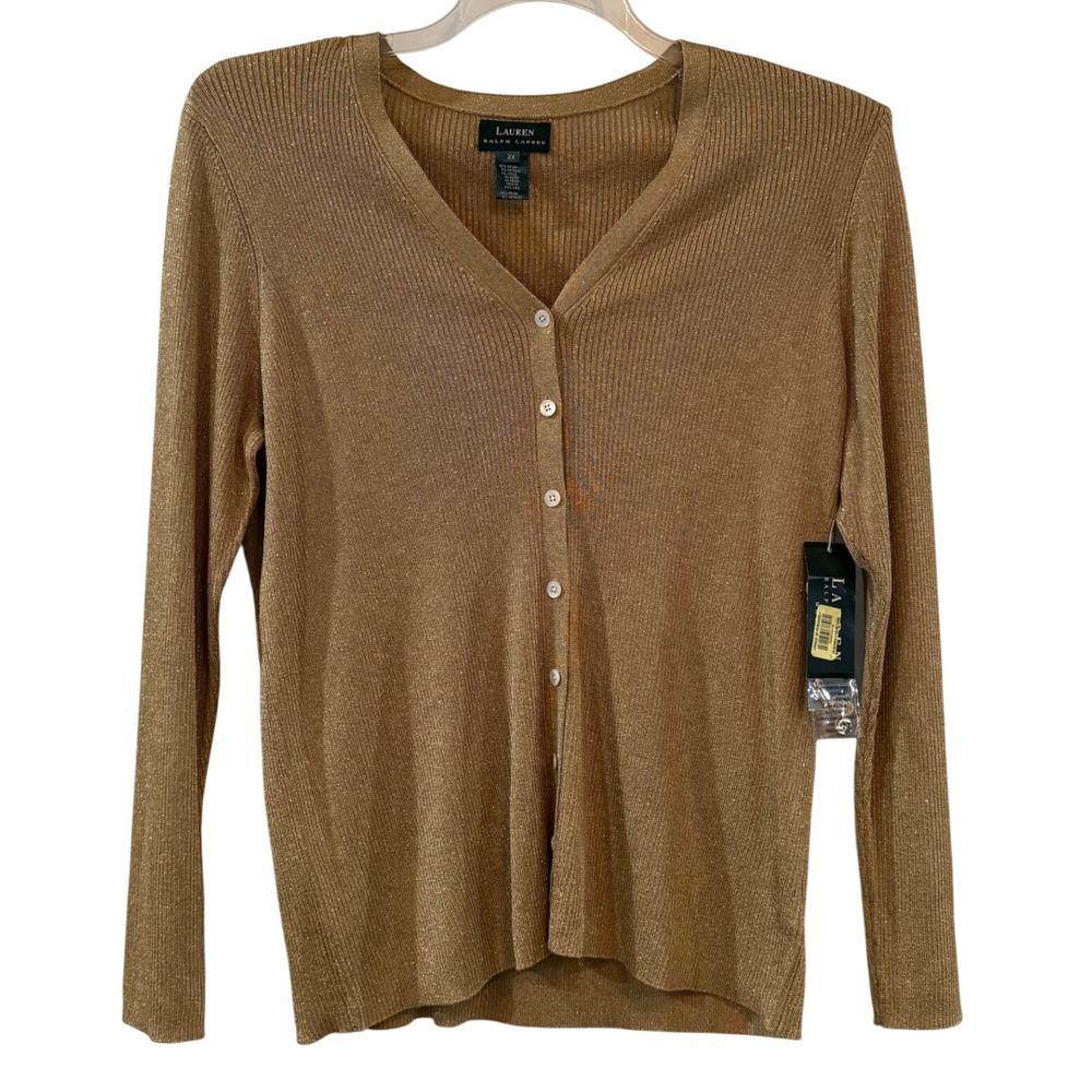 Lauren Ralph Lauren Plus Size Metallic Gold V-Neck Cardigan Sweater NWT 2X